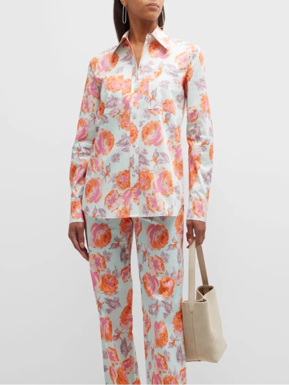 St. John Wallpaper Floral-Print Cotton Twill Collared Shirt, size 14